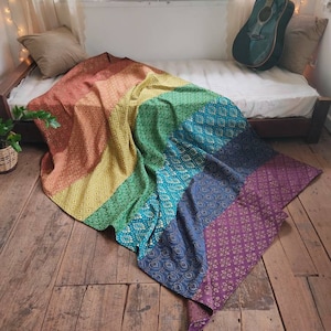 Rainbow Throw Blanket: Golden Accents, Thai Fabrics, All Sizes
