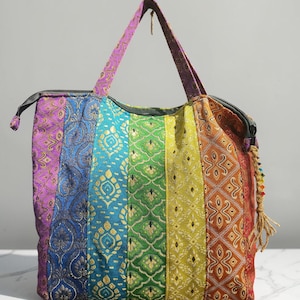 Rainbow Patchwork Shoulder Bag with Golden Accents, Beaded Marcrame Pull and SetGeometric Floral Fabric Tote, Festival Hippie Bag
