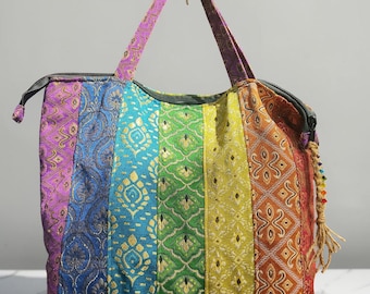 Rainbow Patchwork Shoulder Bag with Golden Accents, Beaded Marcrame Pull and SetGeometric Floral Fabric Tote, Festival Hippie Bag