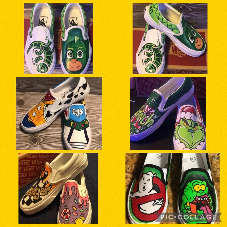 May include: A collection of custom-painted Vans slip-on shoes. Designs include cartoon characters such as a gecko, a character from PJ Masks, Woody and Buzz Lightyear, the Grinch, and Ghostbusters. Each shoe features unique artwork.