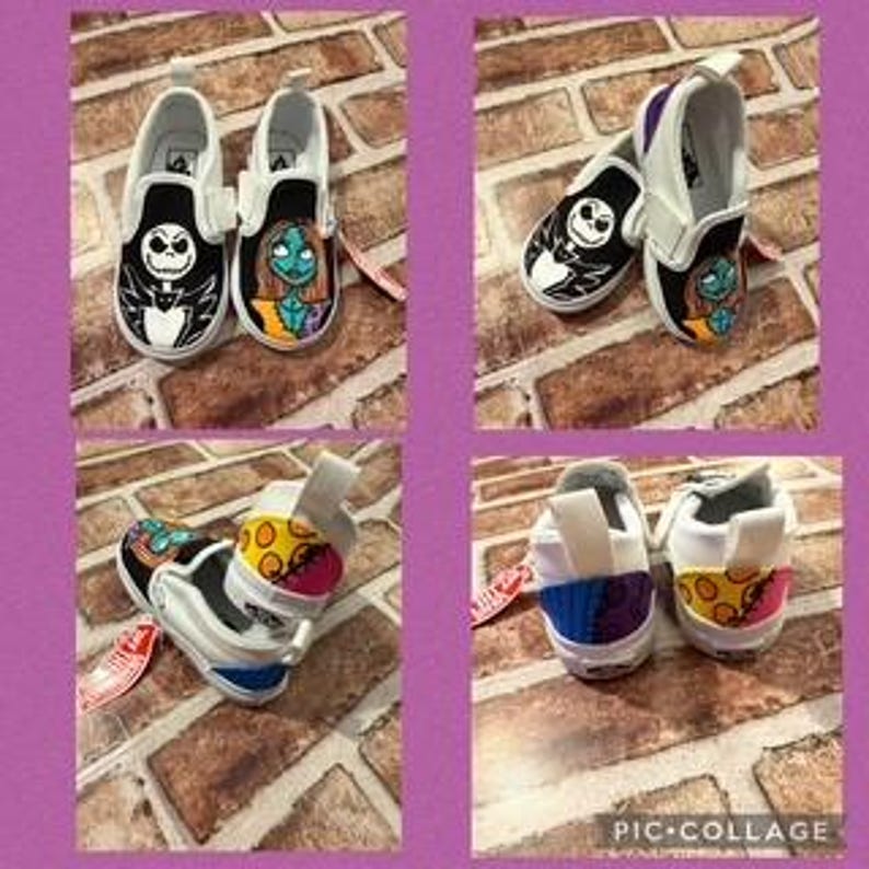 May include: Four images of custom-painted slip-on trainers. The footwear features designs inspired by characters from a popular animated film. The colour palette includes black, white, and various bright colours. The trainers are displayed on a brick background.