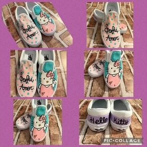 May include: A collage of white canvas shoes with custom designs. Some shoes feature a Hello Kitty graphic, while others have the text "Sofia Amor" or "Hello Kitty" in cursive. The shoes have pink, blue, and white accents.