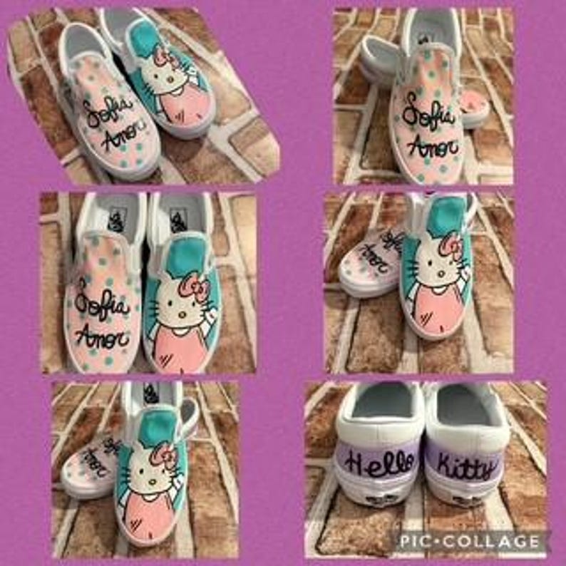 May include: A collage of white canvas shoes with custom designs. Some shoes feature a Hello Kitty graphic, while others have the text "Sofia Amor" or "Hello Kitty" in cursive. The shoes have pink, blue, and white accents.