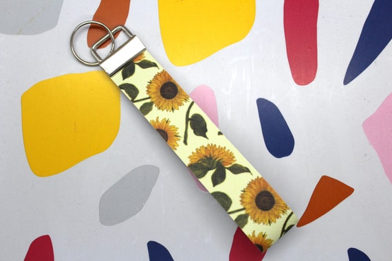 Key Fob Wrist Lanyard Keychain Wristlet Photorealistic Sunflower Floral Print Wristlet Keychain