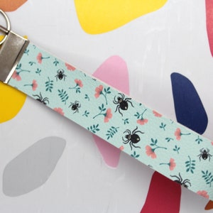 Floral Spiders Wristlet Keychain, Spooky Spring Wrist Lanyard
