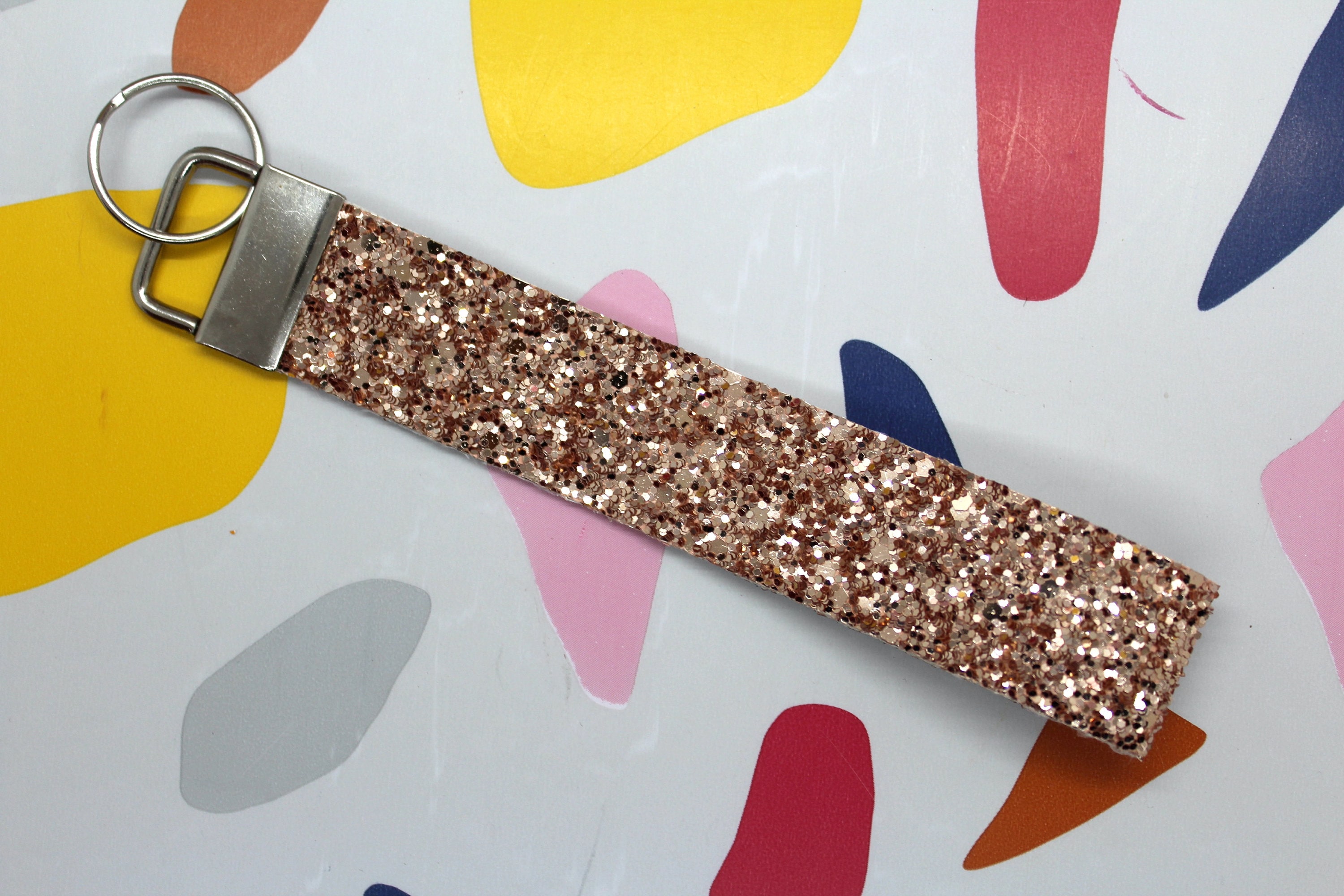 Rose Gold Chunky Glitter Wristlet Keychain, Glitter Wrist Lanyard, Chunky Glitter Key Fob