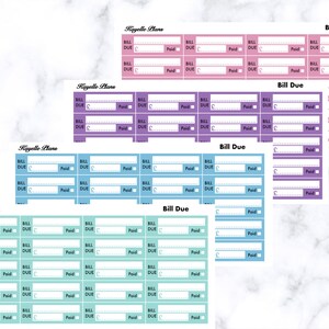 May include: A collection of colorful bill due planner stickers in pink, purple, blue, and teal. Each sticker features the text "Bill Due" and spaces for details. The stickers are labeled "Kayelle Plans".