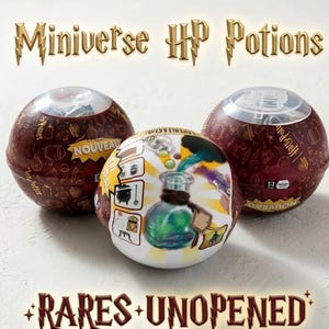 May include: Three unopened Miniverse HP Potions spheres. The spheres are primarily maroon with gold accents and clear plastic tops. One sphere has a white and yellow design with a potion bottle illustration. The text "RARES + UNOPENED" is at the bottom.