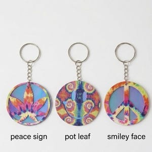 Tie Dye Keychain Peace Sign Smiley Face Pot Leaf Faux Leather Bag Charm