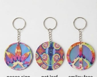 Tie Dye Keychain Peace Sign Smiley Face Pot Leaf Faux Leather Bag Charm