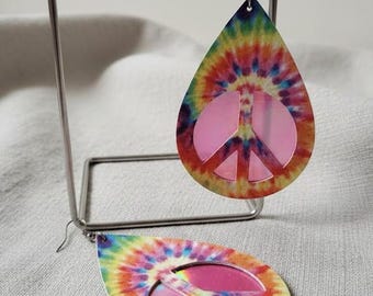 Tie Dye Peace Sign Earrings • Faux Leather • Boho Festival Jewelry