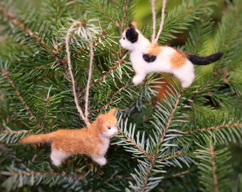 Needle Felted Cat Christmas Ornament, Flat Wool Miniature