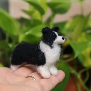 May include: A needle felted black and white border collie dog figurine. The dog is standing on its four paws and has a white chest and white paws.