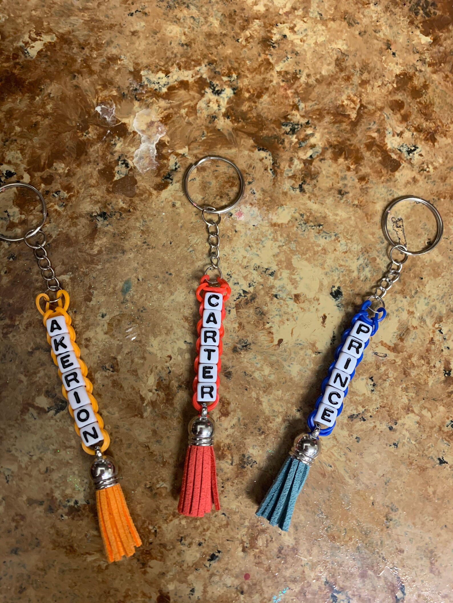 Personalized Rainbow loom keychain w/tassels. Etsy