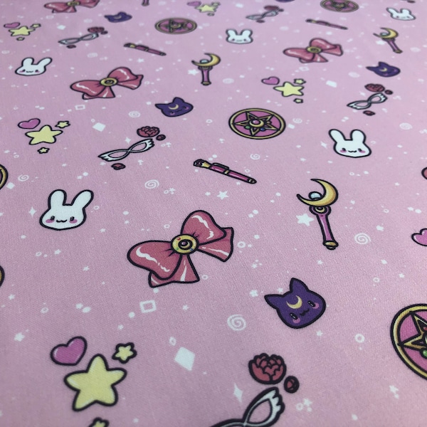 Sailor Moon Fabric - "Magical Girl Make Up Reborn!" - in pink by the half yard