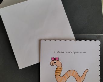 Handgemalte Valentinstags-, Jubiläumskarte mit Wurm: 'I würde dich gern gar, wenn du ein Wurm wäre' Lustige Aquarell Karte