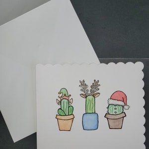 Cactuskerstkaart, handgeschilderde cactussen met kerstmutsen Kerstkaart (handgemaakt, origineel schilderij)