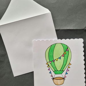 Groene heteluchtballon aquarel wenskaart, handgeschilderd (handgemaakt, origineel schilderij)