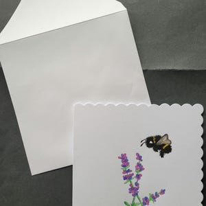 Bumblebee and Lavender Hand-painted Watercolour Greeting Card (handmade)