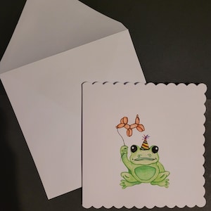 Carte d'anniversaire grenouille, grenouille aquarelle peinte à la main avec carte chien ballon (fait main)