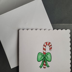 Biglietto di Natale con bastoncino di zucchero, biglietto di Natale con bastoncino di zucchero dipinto a mano con acquerello e fiocco verde (fatto a mano, dipinto originale)