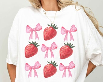 Coquette Top Strawberry Shirt Pink Bow Shirt Trendy Shirt Soft Girl Era Pink Ribbon Shirt Coquette Clothing Coquette Girl Fruit Shirt Summer