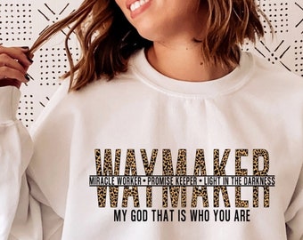 Sudadera cristiana Way Maker Miracle Worker Promise Keeper Leopard Print Graphic Tee Way Maker Suéter Religioso Suéter Espiritual