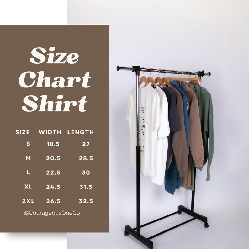 May include: Size chart for shirts with measurements in inches for width and length. The chart shows sizes S, M, L, XL, and 2XL. The measurements are: S - 18.5 inches wide, 27 inches long; M - 20.5 inches wide, 28.5 inches long; L - 22.5 inches wide, 30 inches long; XL - 24.5 inches wide, 31.5 inches long; 2XL - 26.5 inches wide, 32.5 inches long. The chart is on a brown background with the text "Size Chart Shirt" in white.