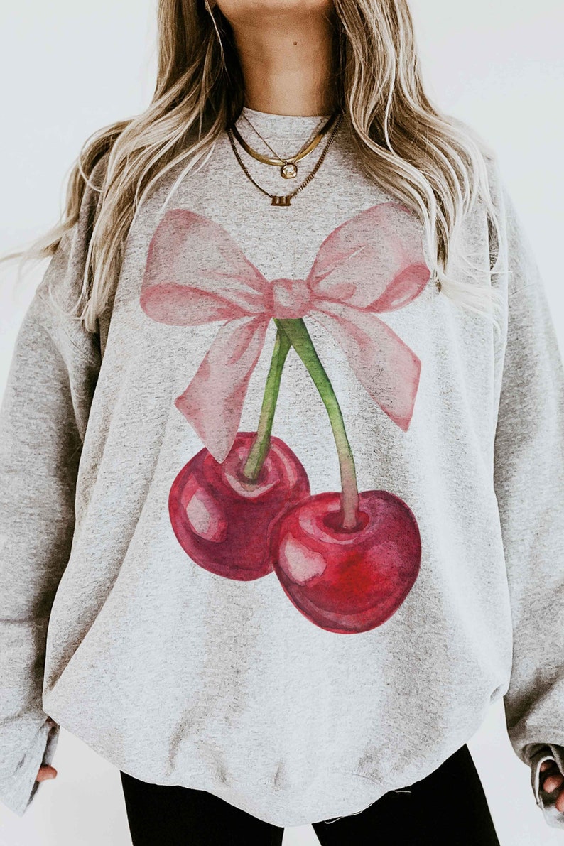 cherry sweatshirt ribbon sweatshirt pink ribbon pink cherry coquette girl coquette clothing coquette outfit Cute Sweatshirt Gift For Her Cute Bunny Trendy