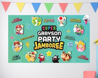 Bannière d'anniversaire Super Mario, bannière d'anniversaire Mario party, anniversaire de Luigi, anniversaire de Yoshi, décoration d'anniversaire pour enfants, toile de fond d'anniversaire personnalisée