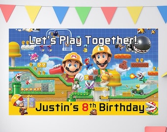 Bannière d'anniversaire Super Mario, bannière d'anniversaire Mario party, anniversaire de Luigi, anniversaire de Yoshi, décoration d'anniversaire pour enfants, toile de fond d'anniversaire personnalisée