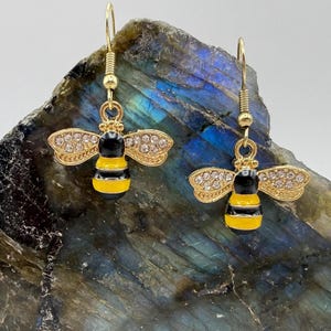 Gold Bee Dangle Earrings, Rhinestone Wings, Enamel Bumblebee