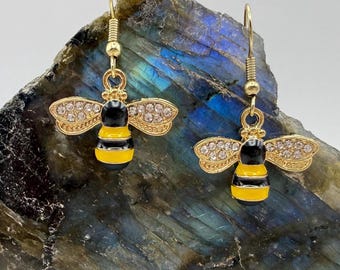 Gold Bee Dangle Earrings, Rhinestone Wings, Enamel Bumblebee