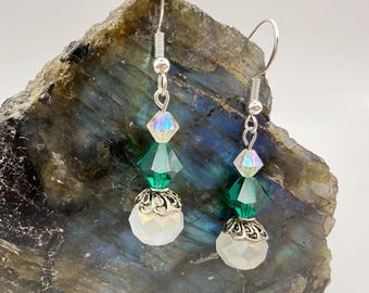 Green & Pearlescent Glass Bead Drop Earrings