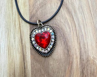 Red Crystal Heart Necklace Black Cord Vintage Style Heart Pendant Statement Jewelry