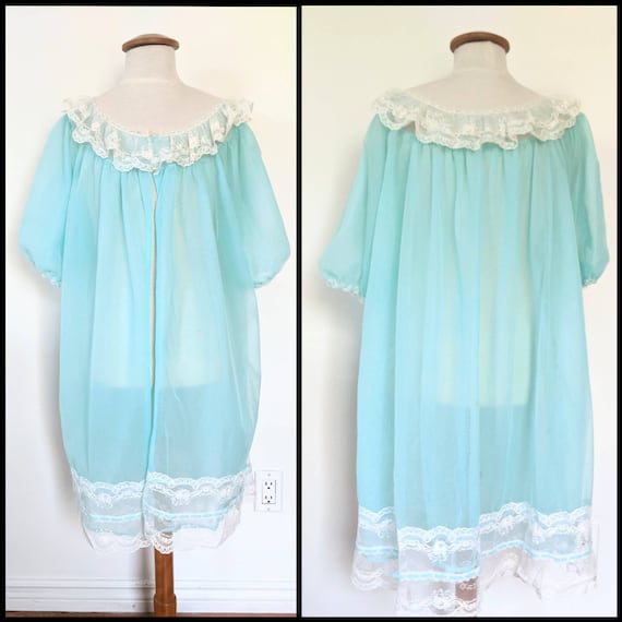 Dorsay Peignoir/ Negligee Turquoise w Lace Trim - image 1