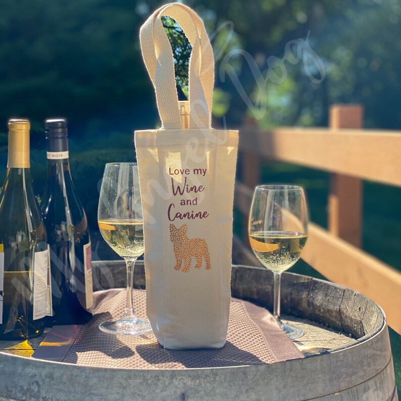 Dog Wine Tote Love my Wine and Canine Wine Tote with Rhinestone French Bulldog Single-bottle Frenchie Dog wine tote in Bling for Dog Lovers