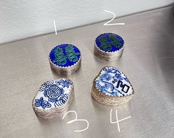 Vintage Hand Made Metal Ring Box with Blue and White Ceramic Lid