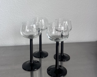 Pair of Vintage French 'Luminarc' Black Stem Wine Glasses | Set of 2 | Retro Drink-ware