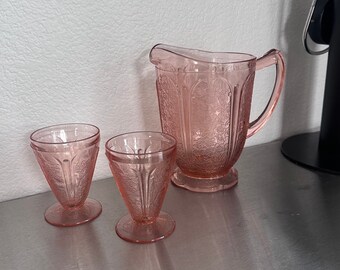 Vintage Pink Cherry blossom Glass Pitcher and Water Glass Tumbler Set