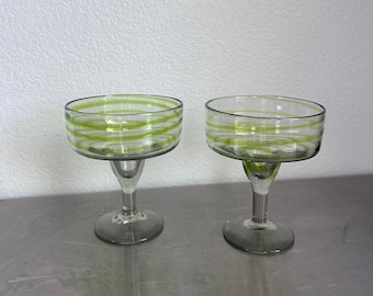 Pair of Hand Blown Mexican Green Swirl Margarita Glass | Hand Made Glass Drink-ware | Set of 2