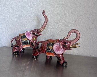 Pair of Vintage Hand Painted Porcelain Elephants Statue | Set of 2