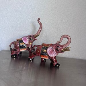 Pair of Vintage Hand Painted Porcelain Elephants Statue | Set of 2