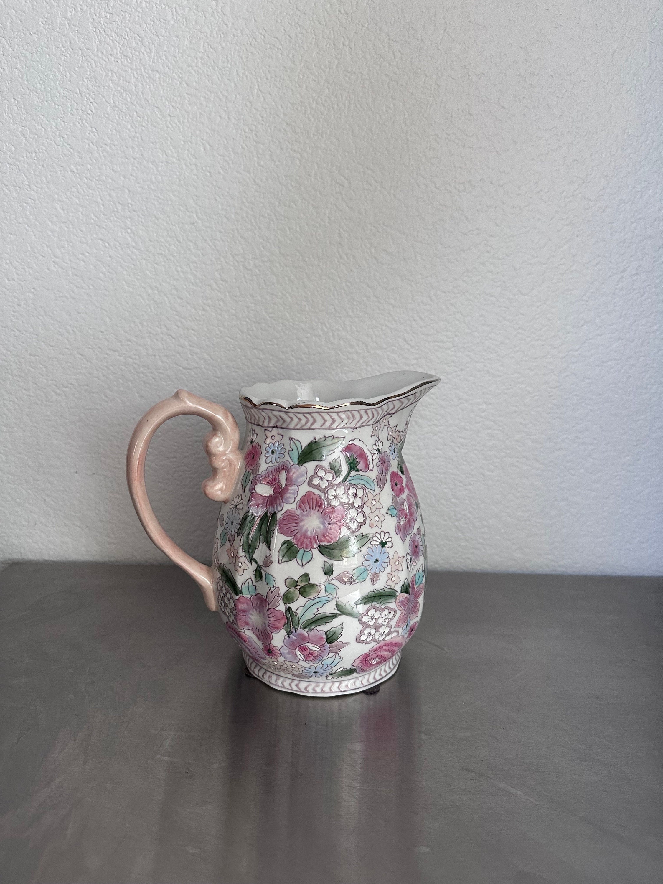 Vintage Large Eclectic Chinese Hand-Painted Ceramic Pitcher