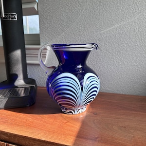 Vintage Modernist Blue and White Swirl Art Glass Pitcher Vase | Mid-Century Decor | Hand-Blown Murano Art Glass