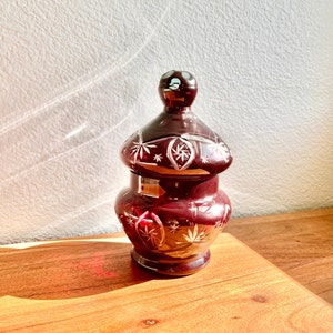 Vintage Bohemian Ruby Red Cut-to-Clear Glass Covered Candy Dish