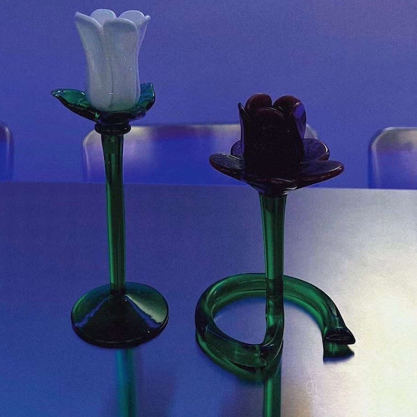 Vintage Frosted Green Swirl Stem Purple Flower Candlestick Holder | Art Glass Decor