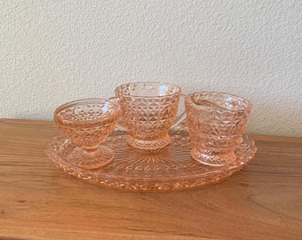 Vintage Diamond Cut Pink Depression Glass Serving Plate, Footed Bowl , Cream & Sugar Set