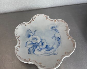 Antique Hand Painted Porcelain Plate | Blue Morning Glory, Artist Signed