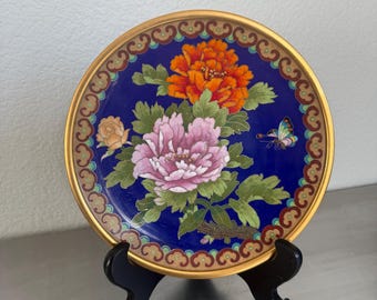 Chinese Cloisonne Enamel Plate | Floral Display, 8.5" with Stand